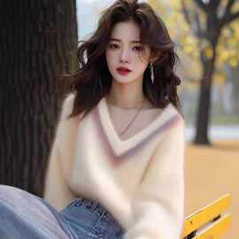 网红奶油白V领毛衣秋冬新款女装温柔风韩系高级感穿搭针织上衣
