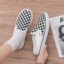2025夏季新款帆布韩版拖鞋女鞋黑白格子一脚蹬懒人男鞋情侣硫化鞋