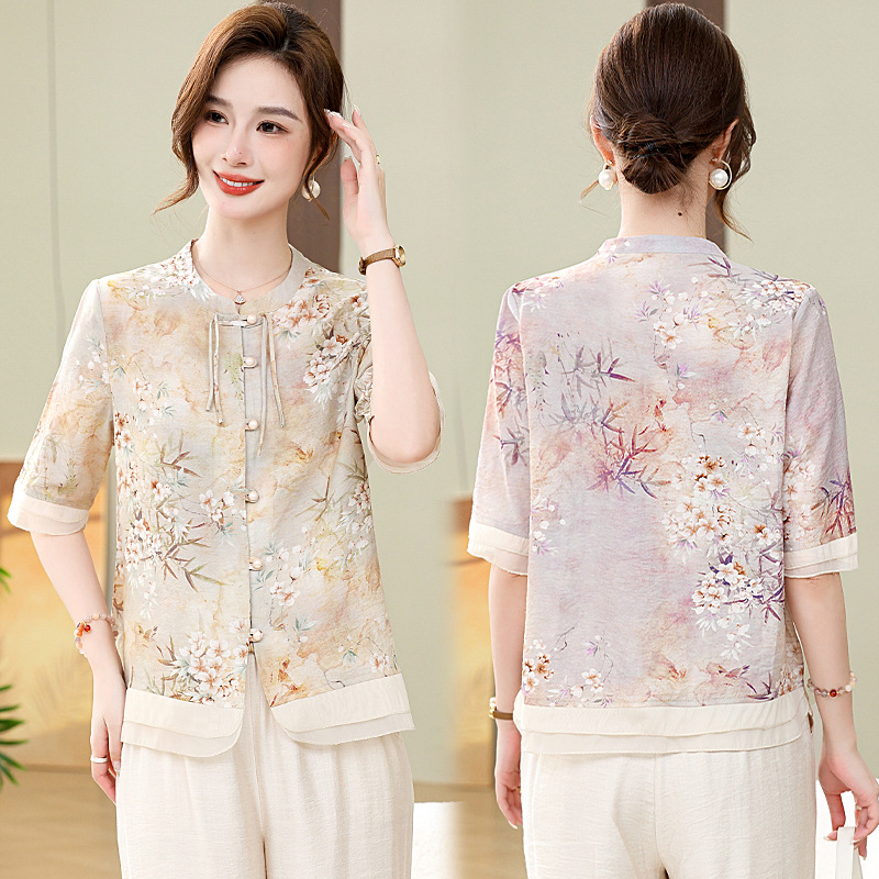2024新款中老年妈妈夏季短袖碎花衬衫洋气新中式国风爆款套装裤子