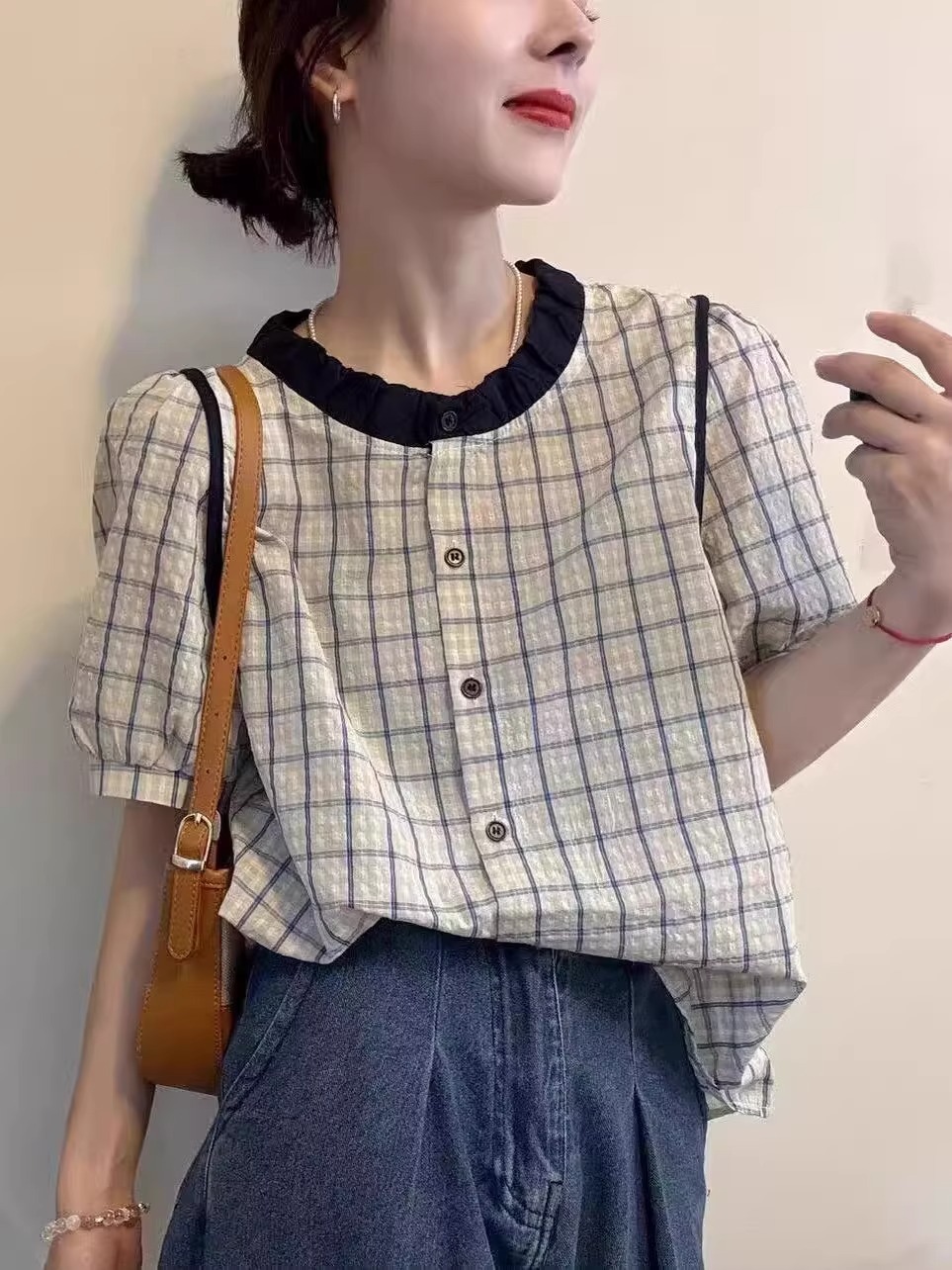 Áo thun nữ cổ búp bê kẻ sọc tương phản tay ngắn phong cách châu Âu — Màu như hình chi tiết 4