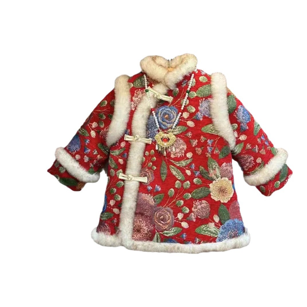 Ropa de invierno de niñas con terciopelo más grueso y cálido Año Nuevo Tang traje de bebé cheongsam abrigo de Año Nuevo vestido rojo image 6