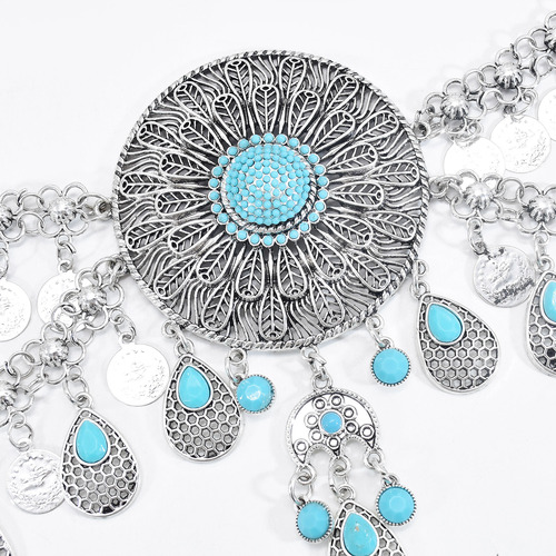 New exaggerated retro metal waist chain turquoise large disc coin tassel hollow flower belly dance waist ornament