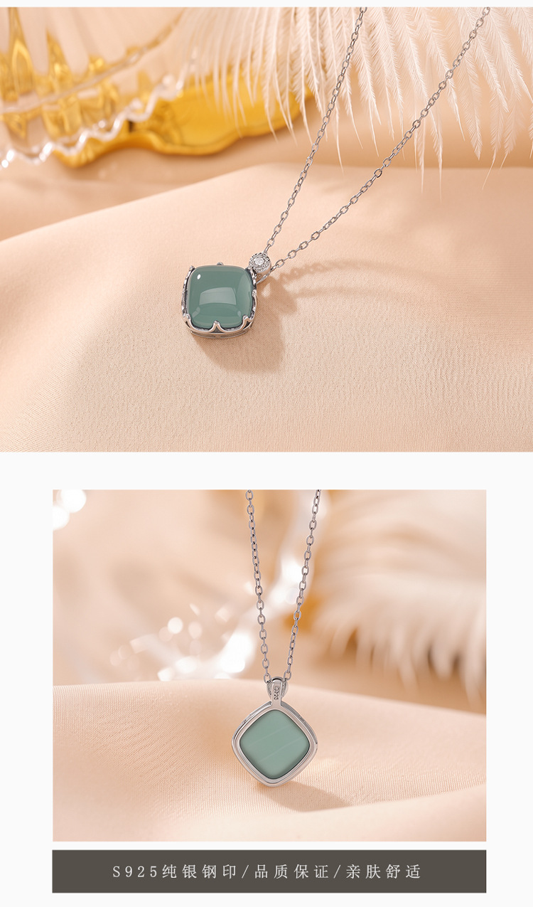Mặt dây chuyền bạc S925 hình vuông đính đá jadeite xanh lam phong cách nhẹ nhàng — Mặt dây chuyền đơn (không kèm dây) chi tiết 4