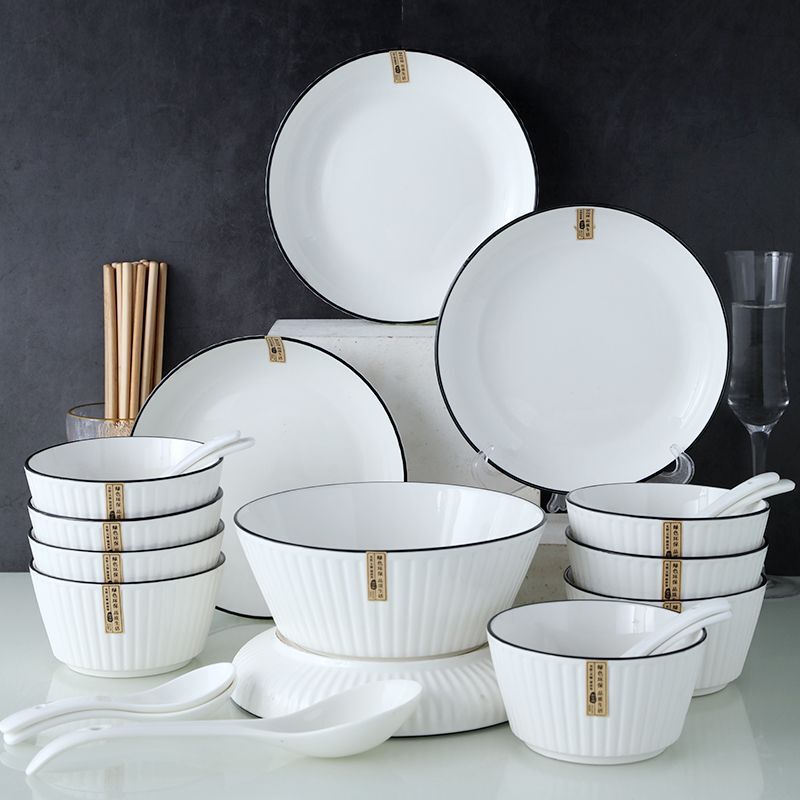 Black line design, simple style ceramic tableware set for home use, including bowls, plates, and chopsticks, suitable for serving meals, noodles, soup, and rice Black line design, simple style ceramic tableware set for home use, including bowls, plates, and chopsticks, suitable for serving meals, noodles, soup, and rice