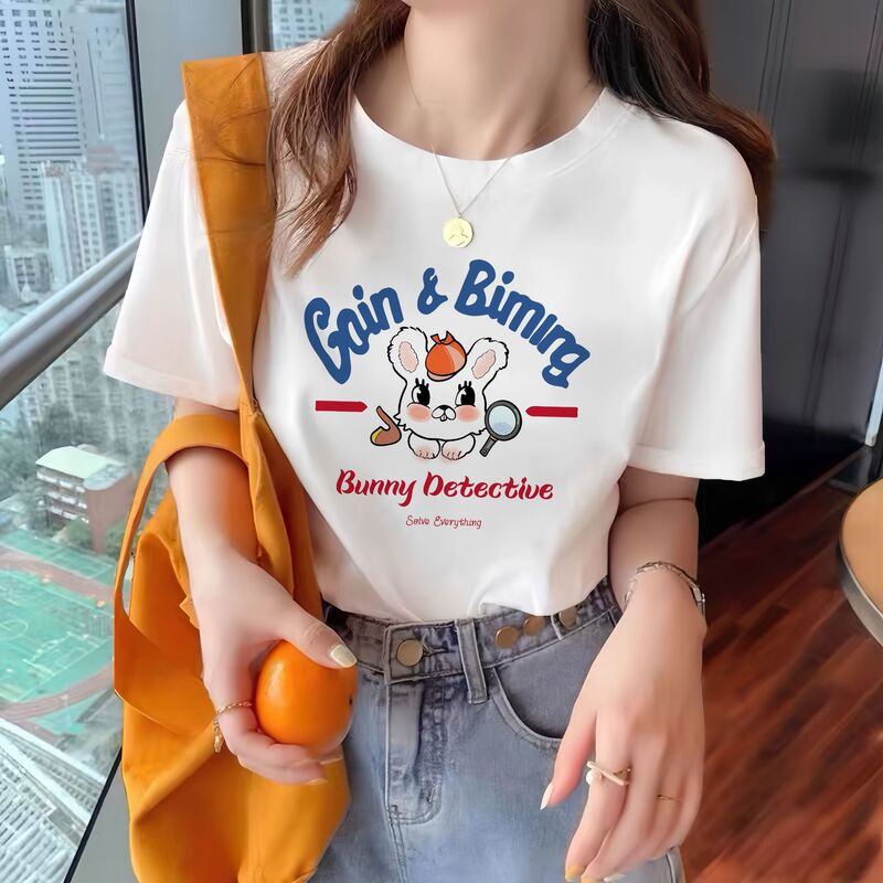 Pure Cotton Short-Sleeved T-Shirt for Women in Summer Korean Style Loose Round Neck Foreign Style Printed Versatile Harajuku Style Tops Trendyy Women's Clothing