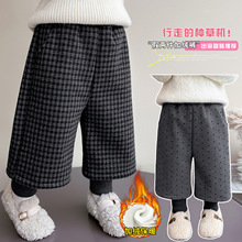女童加绒加厚深灰色格子假两件阔腿裤子灯笼裤个性时髦冬装保暖裤