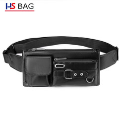 新款批發PU皮腰包時尚簡約多層薄款腰間收納包商務男出行皮革胸包