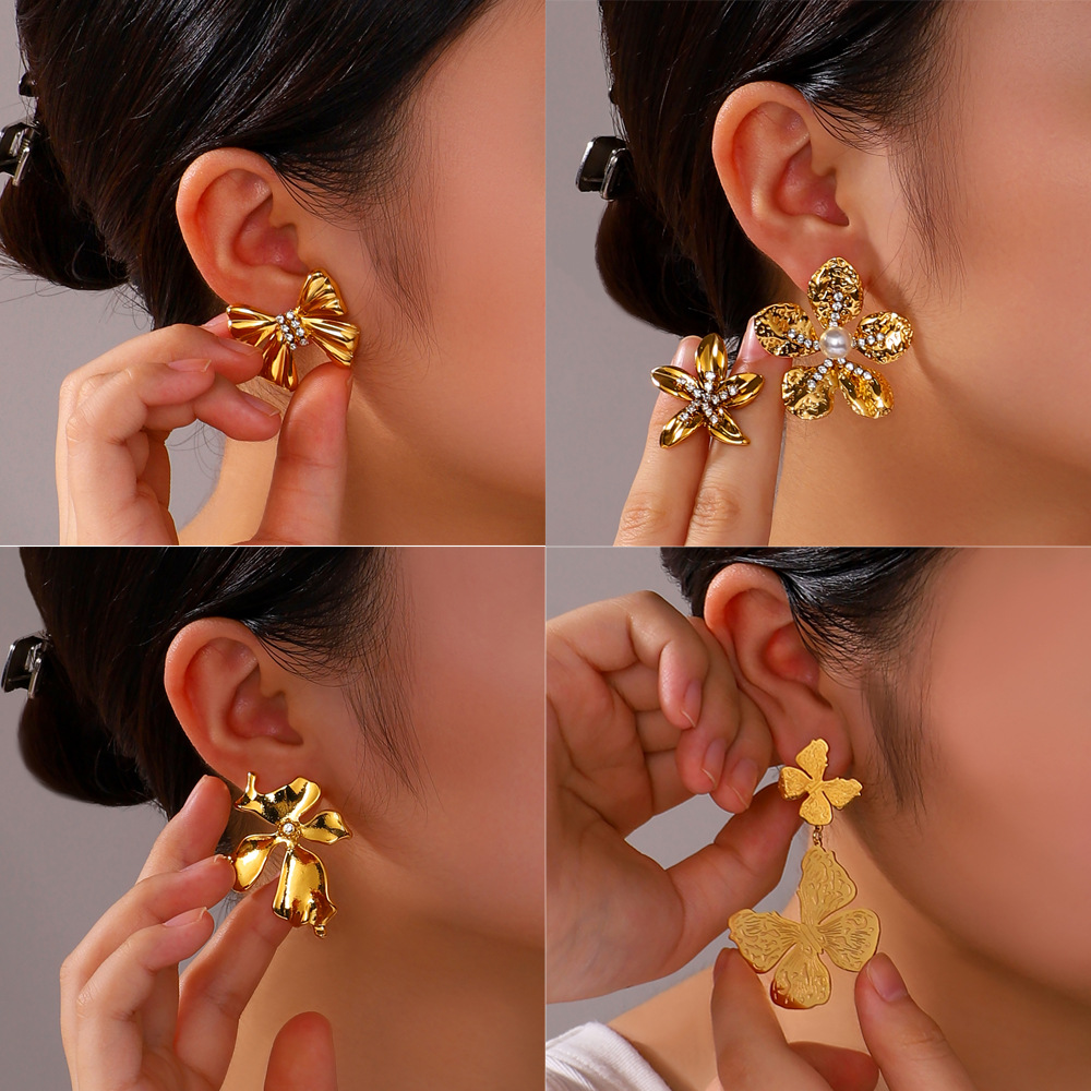 24g Weight 1 Pair IG Style Simple Style Flower Butterfly Bow Knot Plating 304 Stainless Steel Drop Earrings Ear Studs