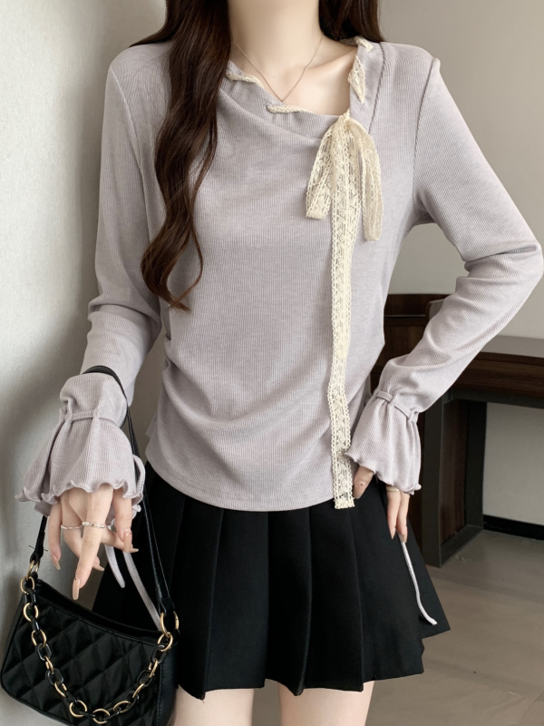 法式绝美紫色蕾丝系带长袖T恤秋季2025新款大码女装胖mm显瘦上衣|undefined