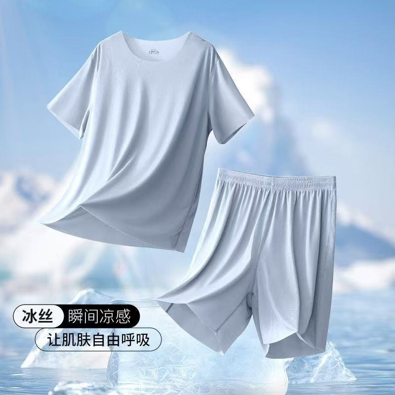 도매 남성 홈웨어 얼음 실크 시원한 에어컨 의류 잠옷 2025 새로운 청소년 반팔 반바지 얇은 양복