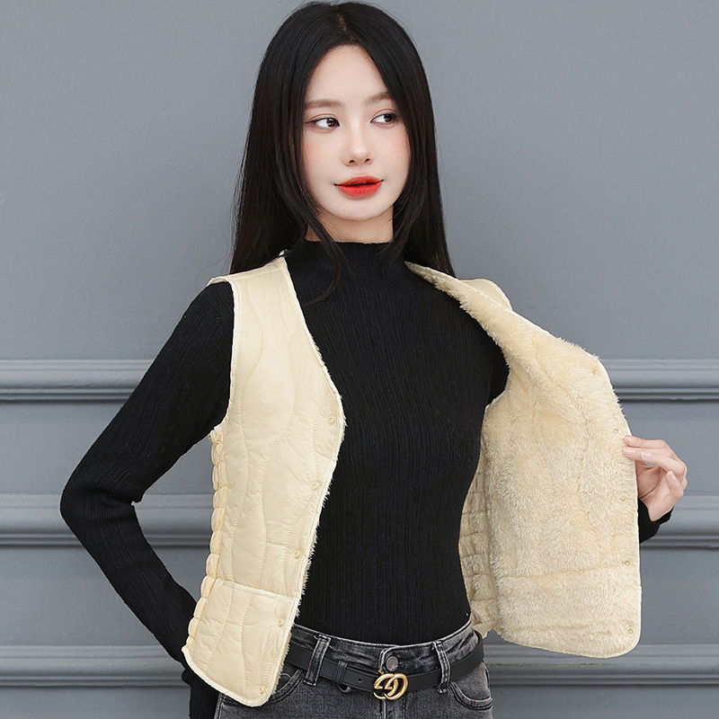 Jipybird Women's Autumn and Winter Plus Velvet down Cotton Vest Short Thickened Warm Liner Slim Fit Versatile Vest Wholesale