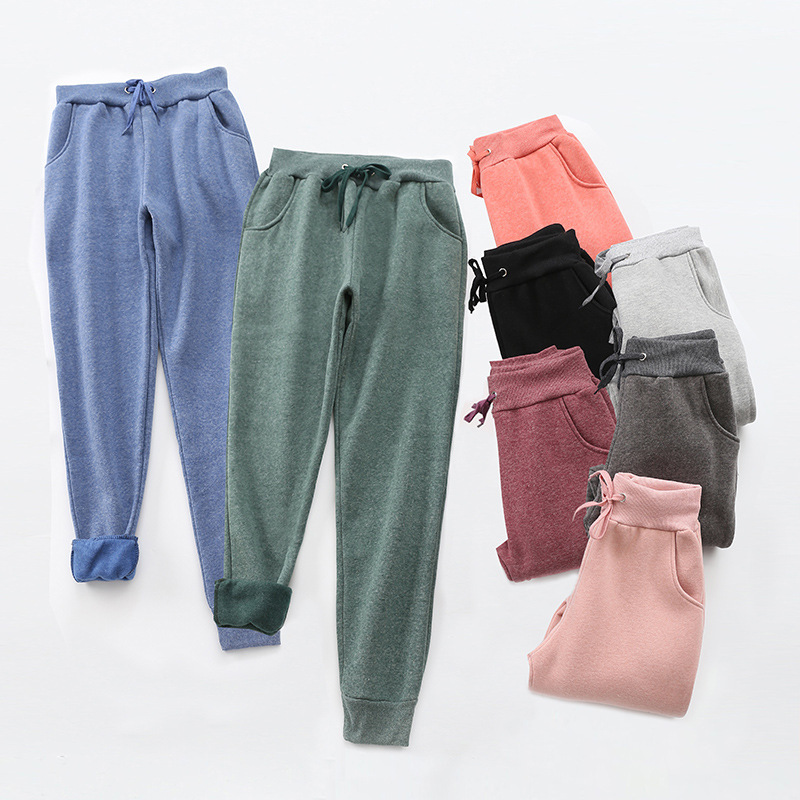 Autumn and Winter Women's Large Size Fleece-lined Casual Pants Loose Colored Cotton Sports Harlan Pants Skinless Pants Women's Pants Pants Winter