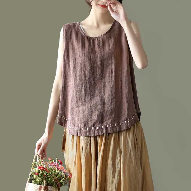 Artistic plus size Solid Color Cotton and Linen Encapsulation Embroidery Vesper T-shirt Women's Summer New Loose Casual All-match Sleeveless Top