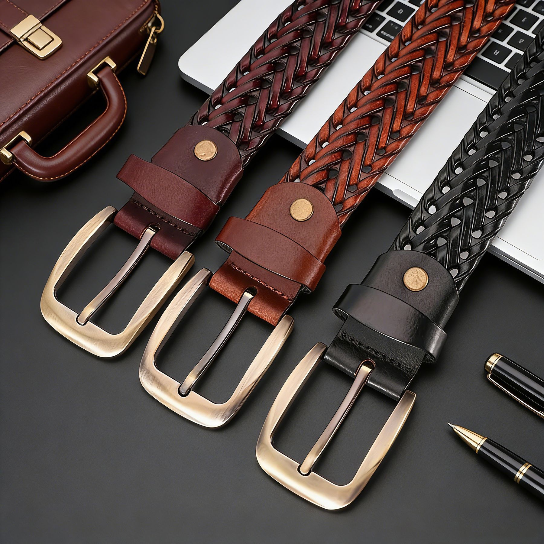Woven retro polyurethane men's belt handmade