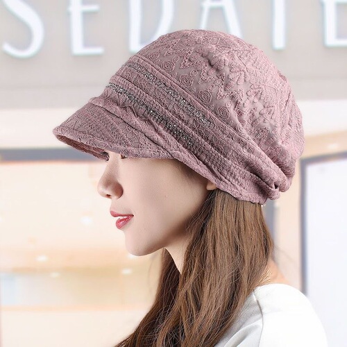 Lightweight breathable brimmed duck bill hat for women, elegant wide brim puffy hat, mesh lace headscarf hat, bald head hat for spring and summer