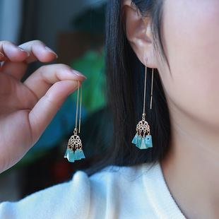 Natural Old Blue Water Long A-Grade Jade Earrings Retro Ear Wire 14K Gold-Plated Auspicious Clouds Everything Goes Well Earrings Wholesale
