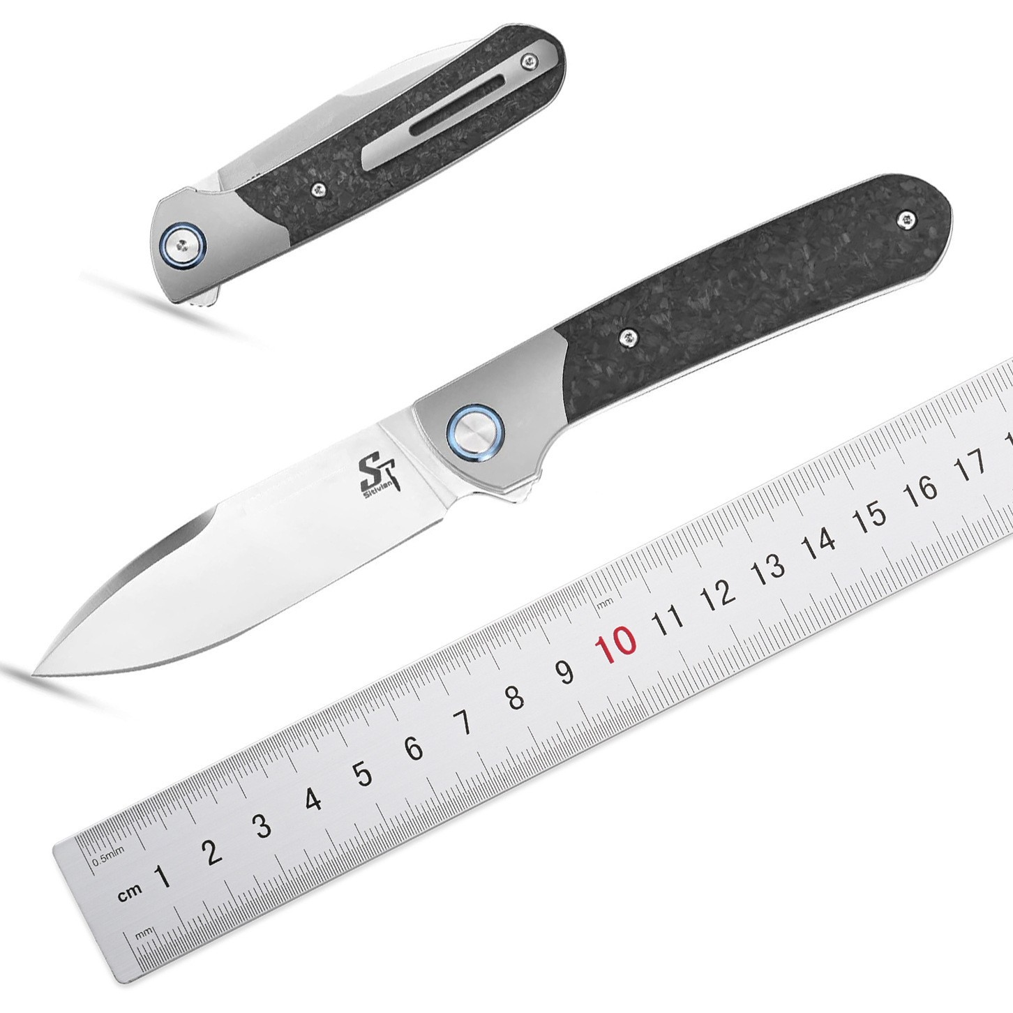 ST995折叠刀手工M390珍珠抛光刀片+钛和碳纤维手柄口袋刀EDC工具