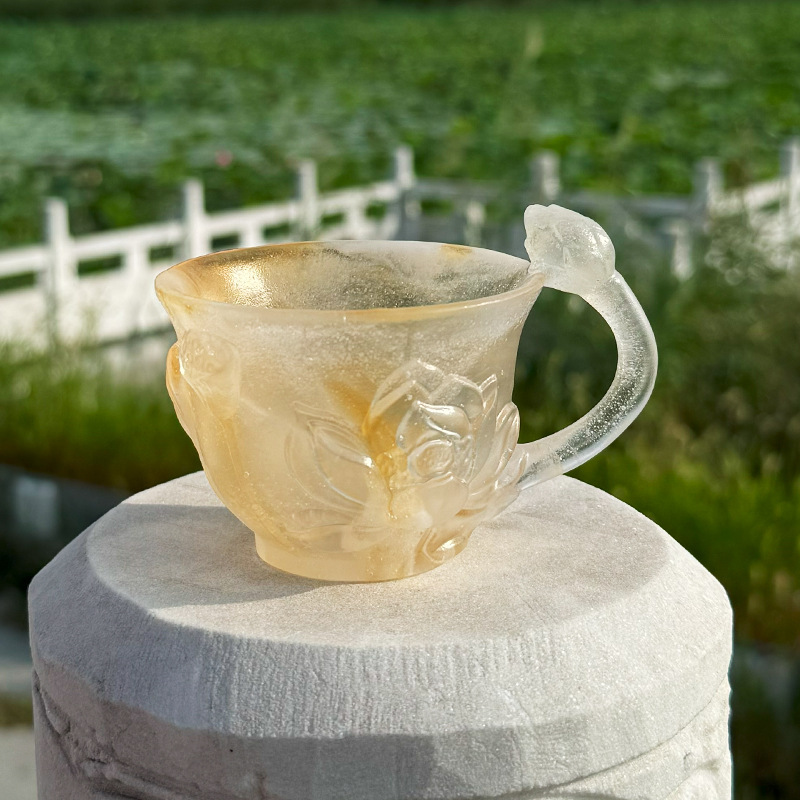 古法琉璃失蜡法琉璃荷叶荷花骨朵浮雕清荷杯主人杯品茗杯不可开水|undefined