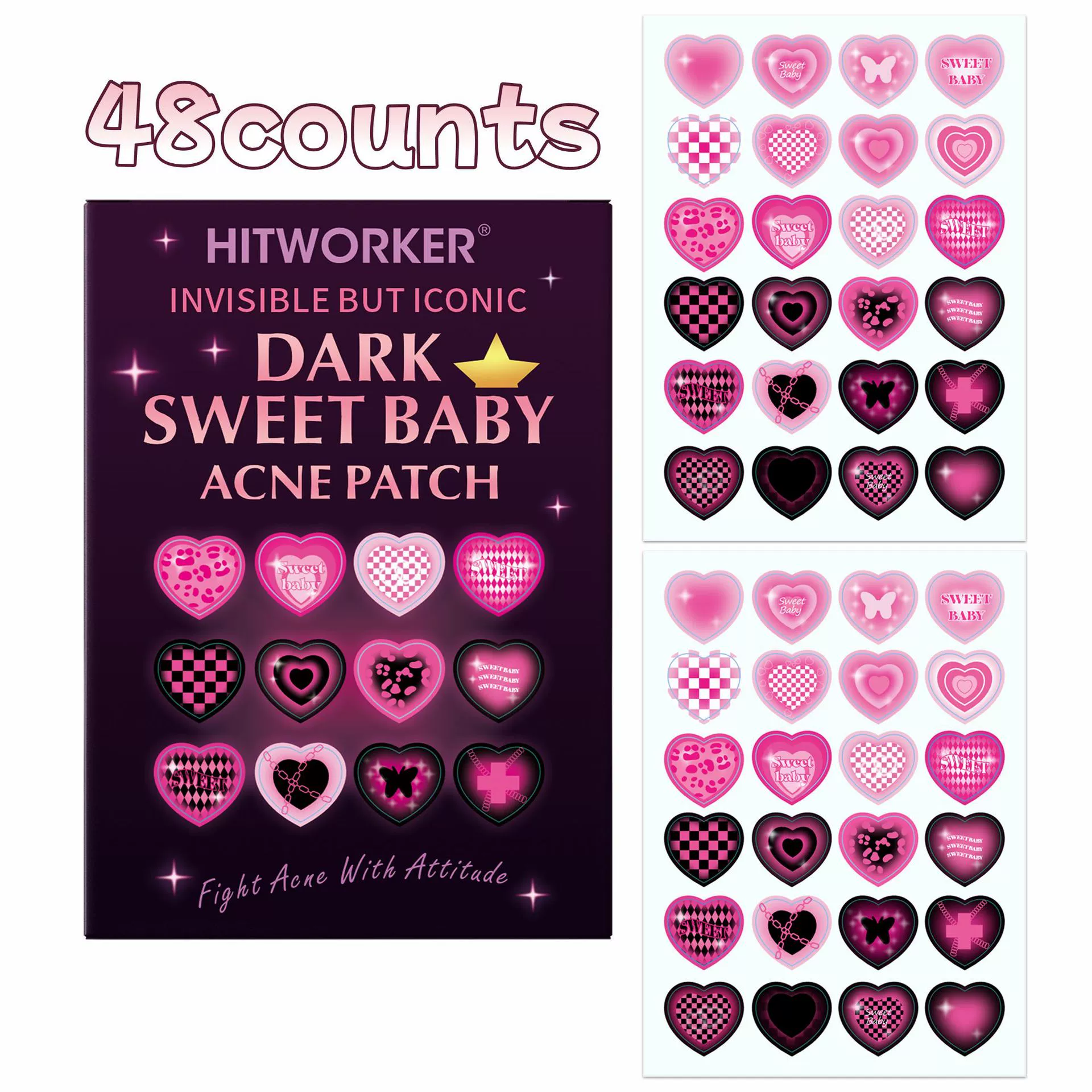 Эксклюзивный черно-розовый мультяшный пластырь от прыщей в форме сердца, милый и крутой стиль, нежный и не раздражающий, можно использовать для макияжа 48/120 шт.