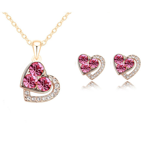 Foreign trade cross-border fashion women's earrings necklace set colorful full diamond love-shaped women's pendant necklace earrings jewelry