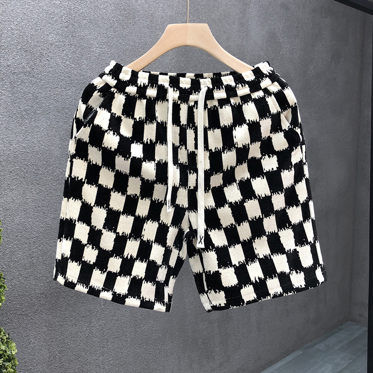 Unisex High Street Fashion Retro Checkerboard Print Summer Shorts Loose Fit Straight Leg 5-Pocket Casual Shorts_viptrois.com