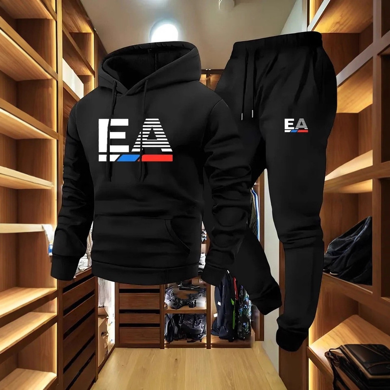 Men's Sports Two-Piece Hoodie and Pants Gray Black Logo Non-Stretch Regular Fit Pockets Autumn Winter