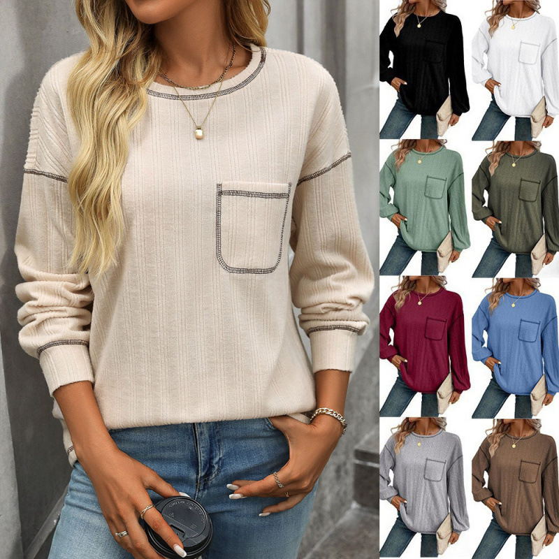 Amazon Cross-border Pit Sanding Solid Color T-shirt Women's 2024 New Women's Round Neck Pocket Casual Loose Top