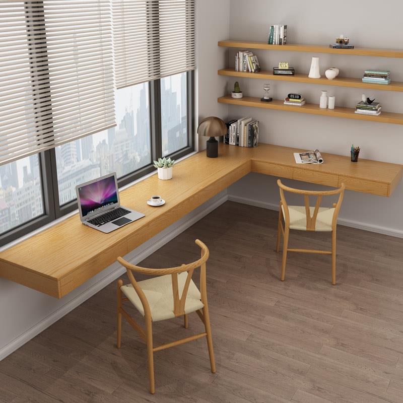 Simple Solid Wood Hanging Desk Bookshelf Integrated Corner Wall Table with Drawer Long Workbench Double Computer Desk