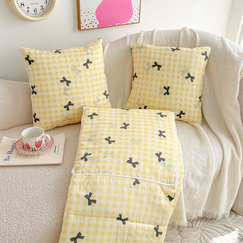 Brand New 40s Style Korean Washed Cotton Dual-use Car Pillow Blanket With A Refreshing Bow Design._voghion.com