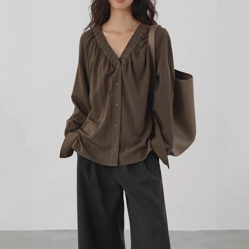 Eighthmonth Dark Brown Korean V Neck Pleated Shirt Loose Lantern Sleeve Buttoned Work Clothing Layered Shirt