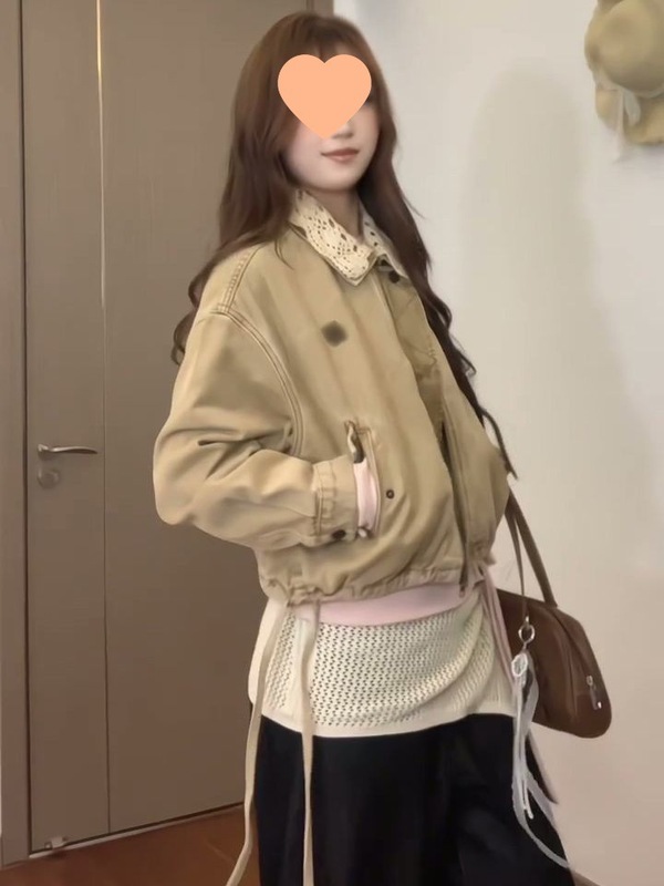 美式复古卡其色钩花镂空翻领外套女秋季设计感宽松休闲短款夹克潮|undefined
