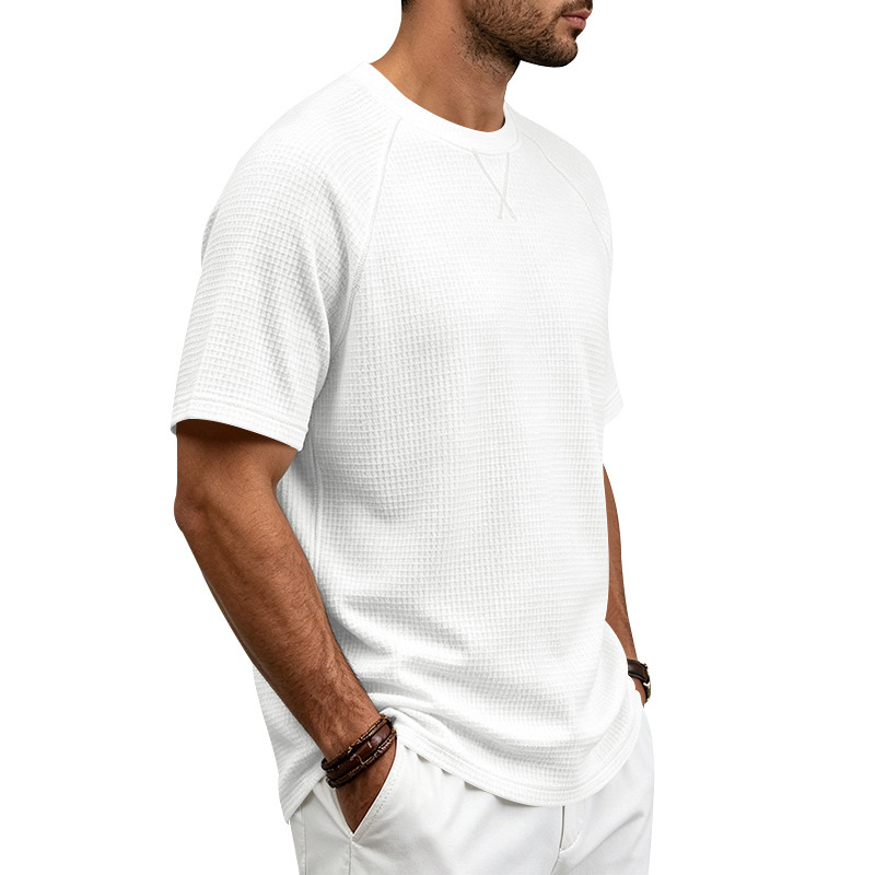 Men's Waffle Knit Short Sleeve T-Shirt, Breathable Textured Cotton-Like Fabric, Relaxed Fit Casual Tee For Summer_viptrois.com