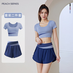 色合わせヨガ服セット高級感夏裸感スポーツ半袖偽二枚半ズボントレーニング服セット女性
