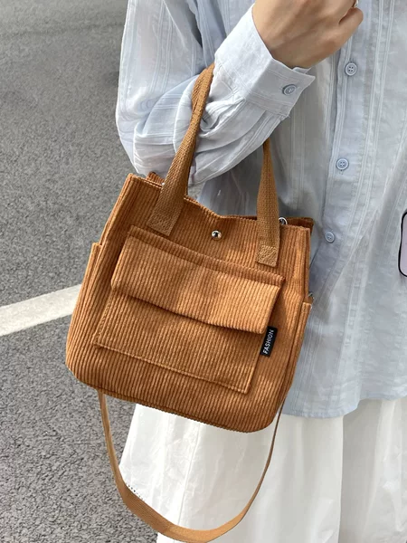 Corduroy Multi-Pocket Tote Bag for Students, Simple and Versatile Handbag Lunch Box Bag
