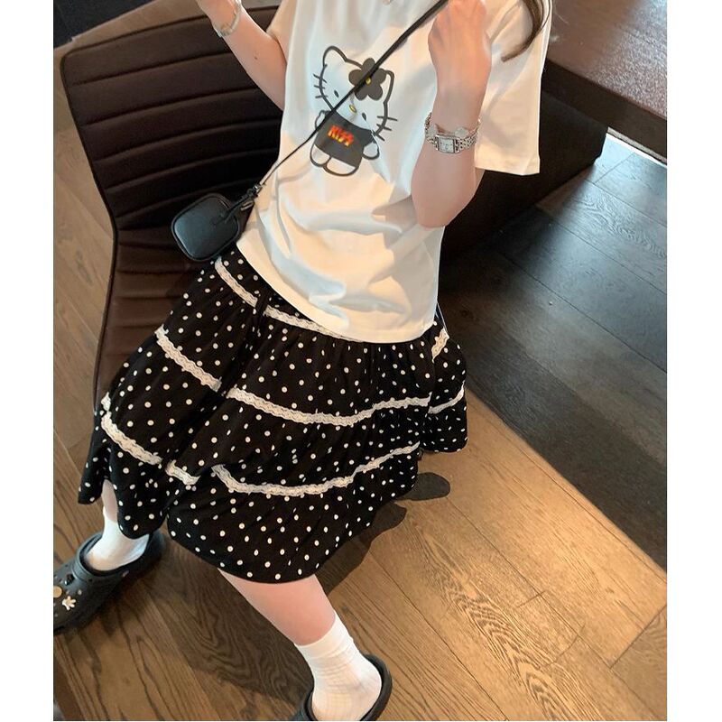 Elastic Waist Black Lace Polka Dot Skirt with Lining, Niche Instagram Hot Item for Quirky Girls Elastic Waist Black Lace Polka Dot Skirt with Lining, Niche Instagram Hot Item for Quirky Girls