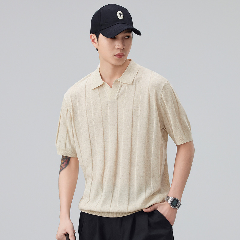 Retro Polo Shirt Knitwear Short-Sleeved Men's Spring and Summer 2026 New Casual Versatile V-Neck Loose Slimming Top
