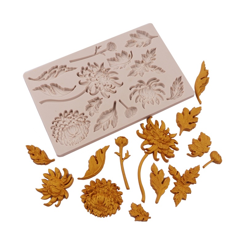 Nueva decoración de chocolate crisantemo flor fondant molde silicona DIY hoja tallo pastel epoxi