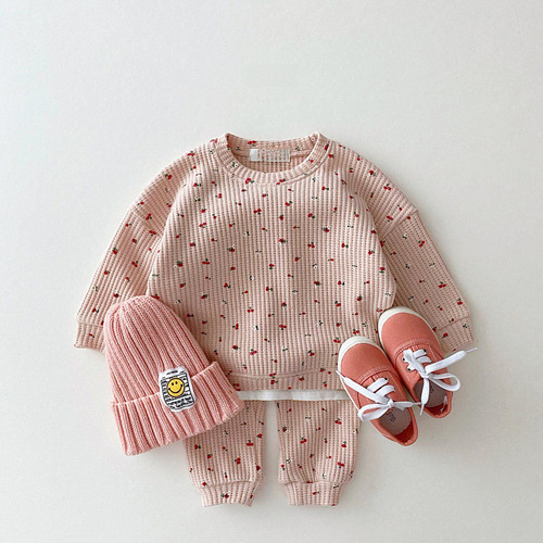 Ins Korean Version Baby and Children's Clothing Honeycomb Sweatshirt Casual Set Spring Girl's Fashion Floral Two-Piece Set