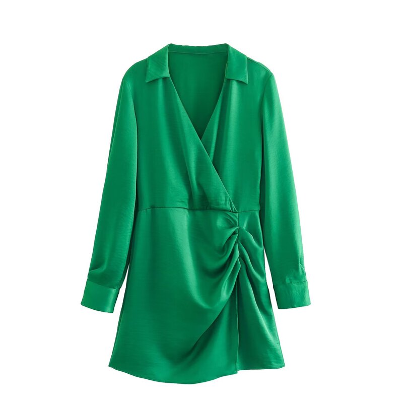 ZA cross-border foreign trade wholesale European and American women's clothing elegant light mature silk satin mini lapel slimming dress