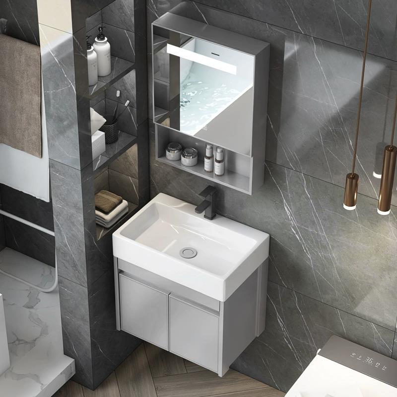 Nuevo espacio gabinete de baño de aluminio baño lavabo gabinete combinación pequeño apartamento lavabo integrado de cerámica mesa de lavado
