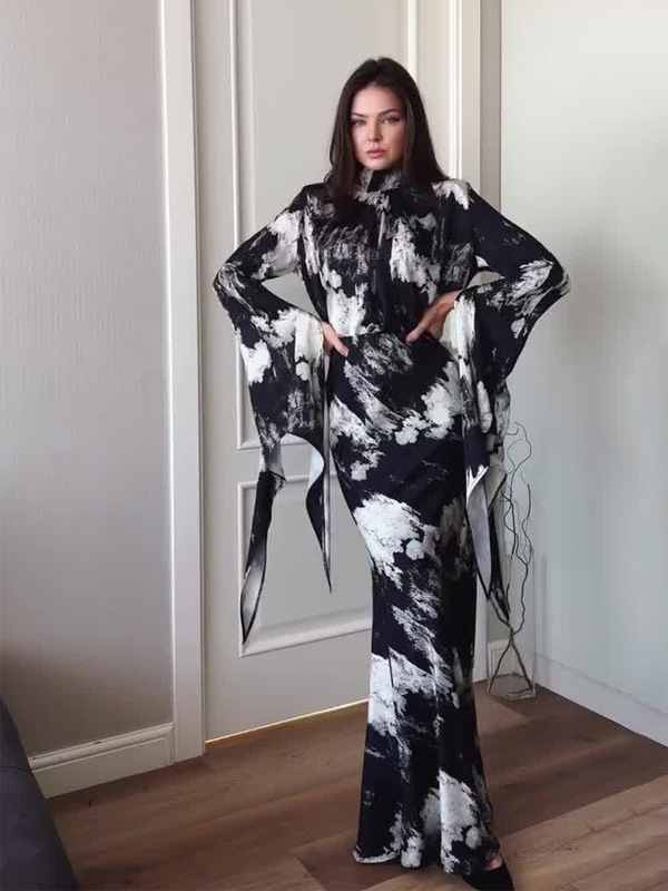 Amazon Europe and America 2025 Spring Cross-Border Slim Lace Satin Print Irregular Design Long Dress