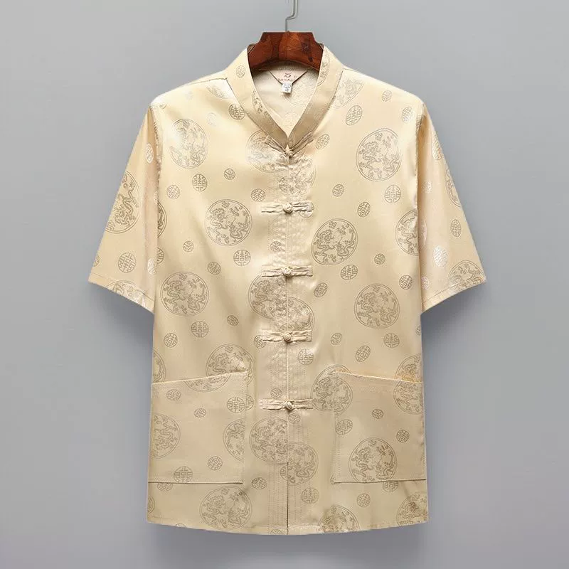 Костюм Тан, мужской шелковый костюм с короткими рукавами в китайском стиле, повседневный костюм для папы, летний костюм для дедушки большого размера, большой размер Ханфу для людей среднего и пожилого возраста