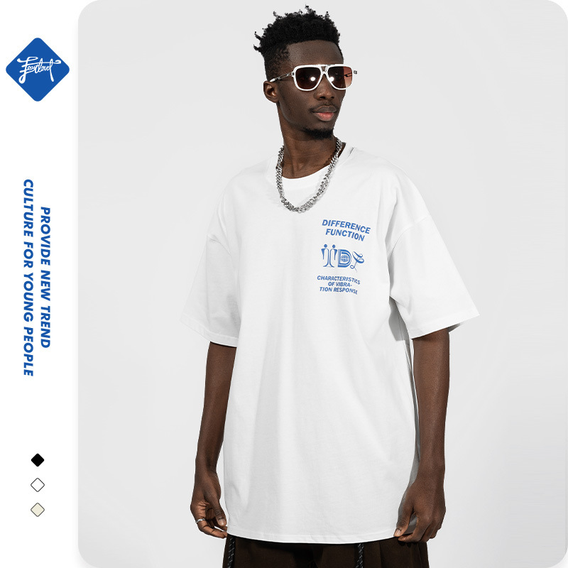 Vyriški trumpomis rankovėmis 220 g pavasario-vasaros medvilniniai laisvi marškinėliai paaugliams su kinišku abstrakčiu spaudiniu_voghion.com