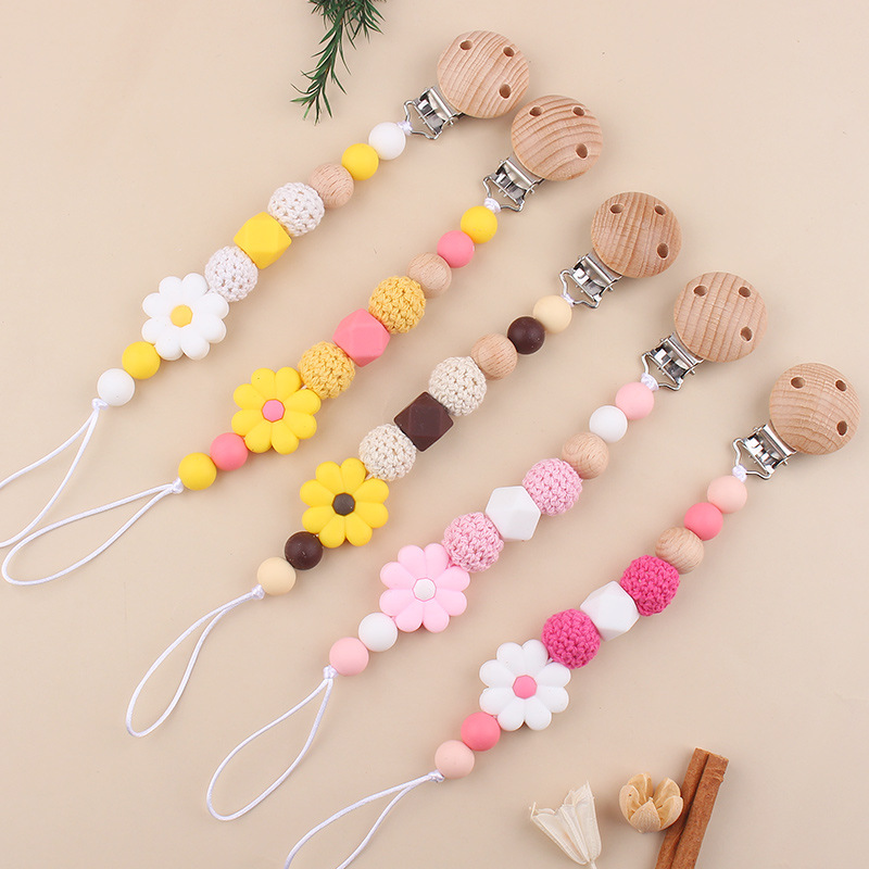 Nuevo clip de chupete de haya para bebés, creativo bebé de dibujos animados de silicona margaritas muerde los dientes, cadena de chupete anti-caída