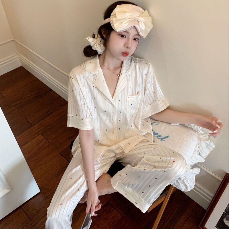 【Fruit Texture】Hollow-Out Striped Faux Acetate High-End Pajamas for Women with Sweet Lace Texture Loungewear