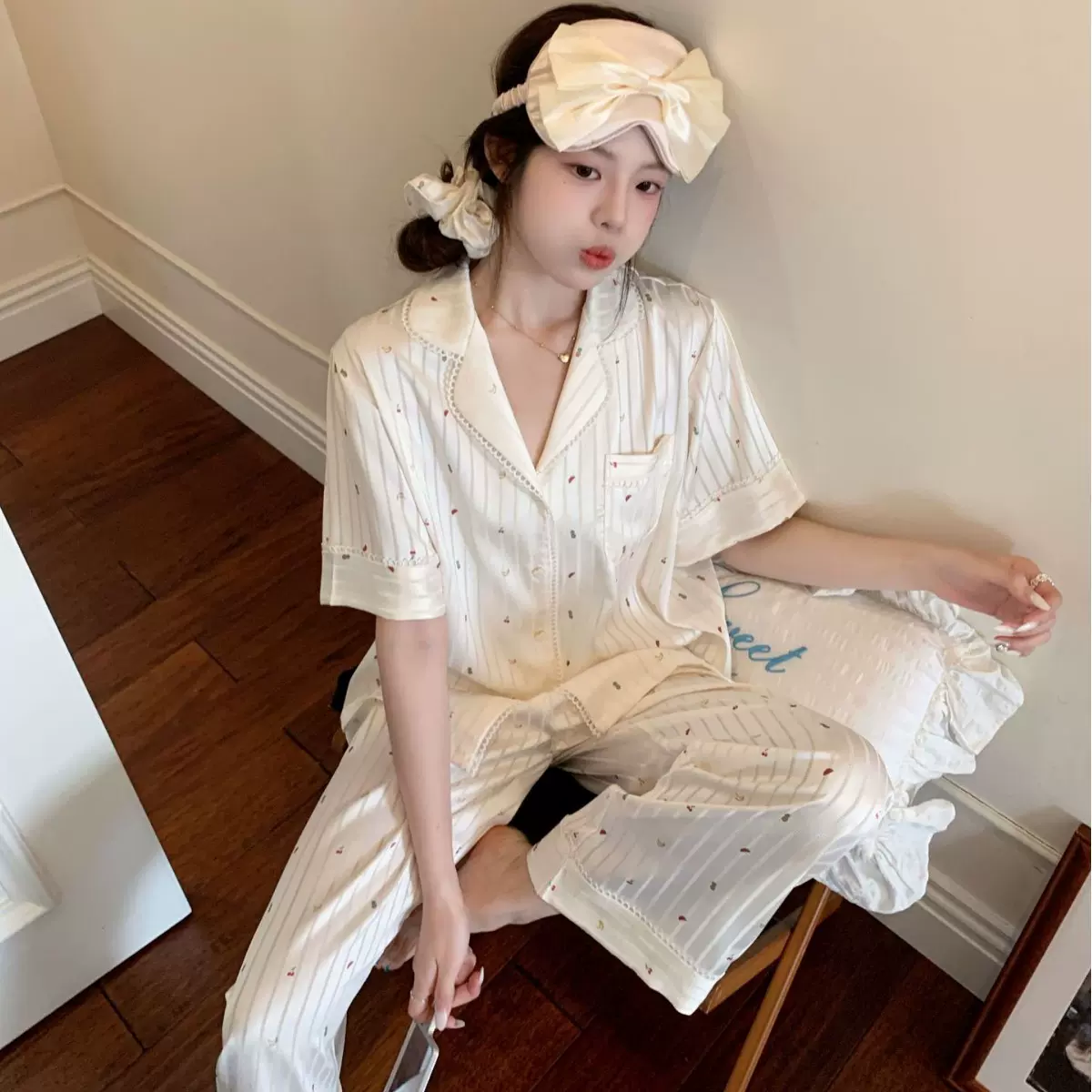 【水果肌理】镂空条纹仿醋酸高级感睡衣女甜美花边肌理感家居服