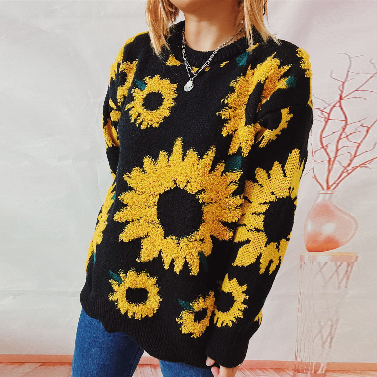 Women's Clothing autumn and winter tops sunflower jacquard round neck long sleeved knitted pullover sweater _voghion.com