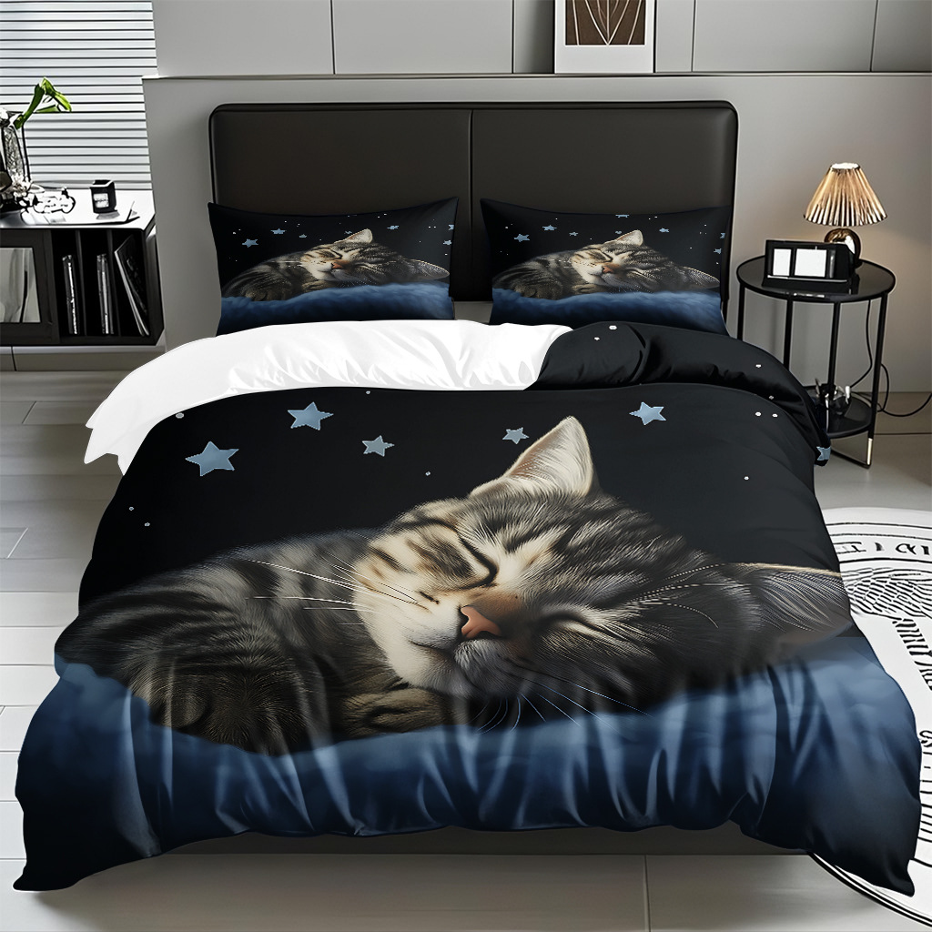 TEMU / JIT adorable gatito impresión digital suave set de colcha de edredón textil para el hogar se puede diseñar venta directa de fábrica