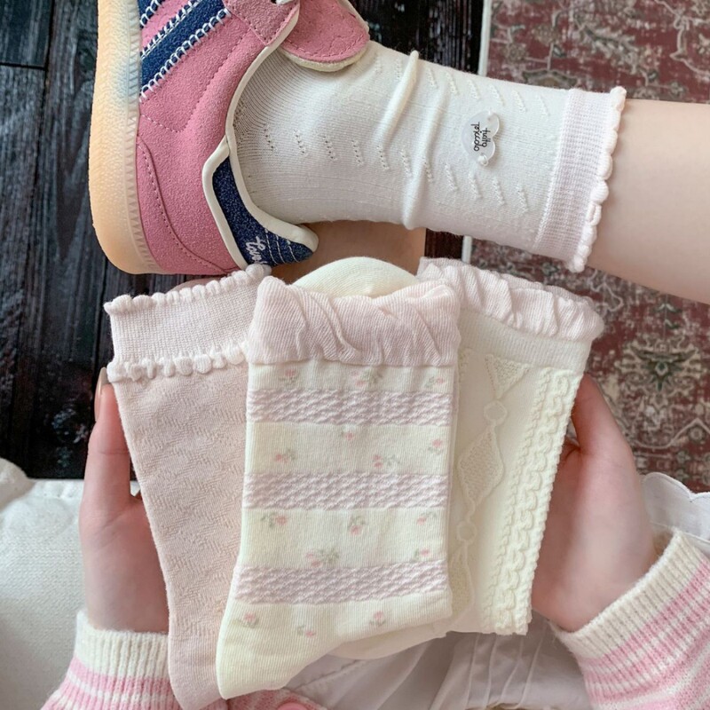 Korean-Style Pink Floral Socks for Women, Sweet Girl Style, Spring and Summer Slouch Socks, Simple Lace, Japanese-Style Bow Mid-Calf Socks