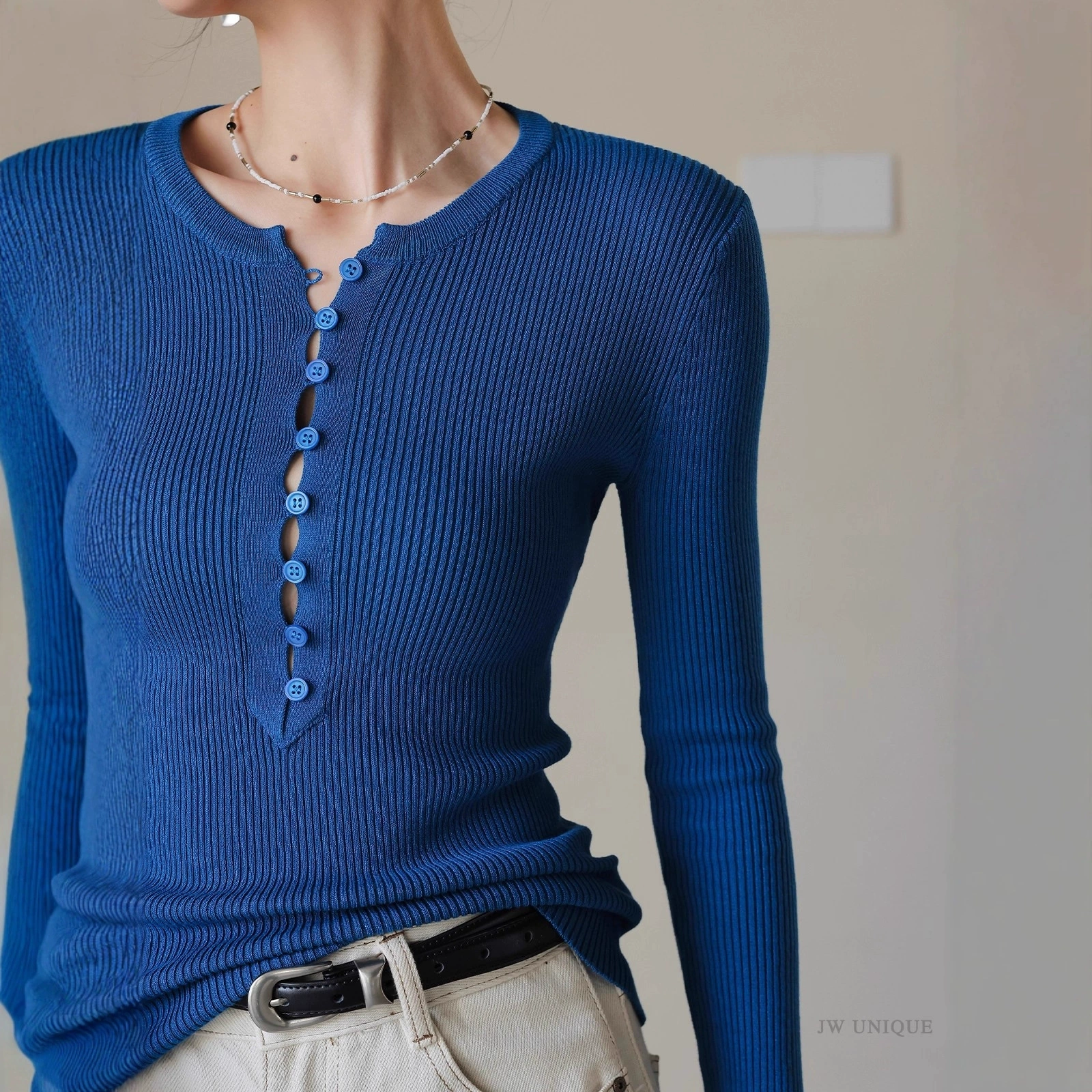 Jwunique Dimple Blue Long Sleeve Half Open Collar Sweater Women's 2025 Autumn New Slim Fit Top